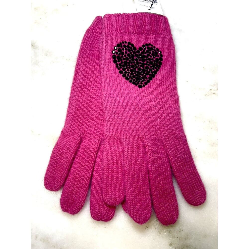 Moschino Fuchsia pink Cashmere black Glass HEART rhinestone gloves Italy $175
